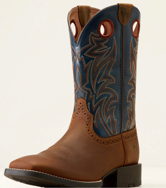 Distressed Brown/ Solid Blue Sport Sidebet Western Boot