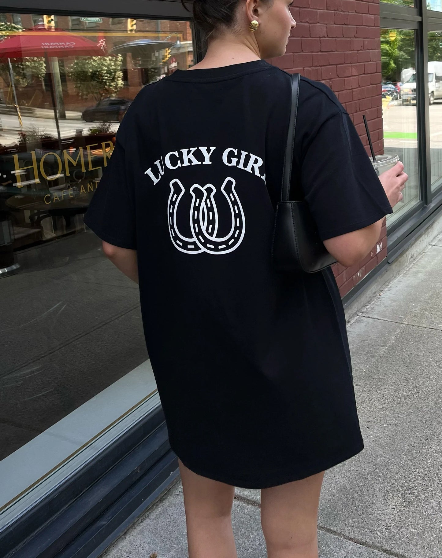 "Lucky Girl" XL Oversized Boxy Tee | Black