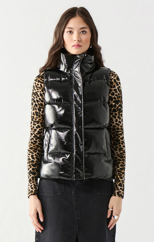 Dex Hooded Faux Leather Puffer Vest In Black