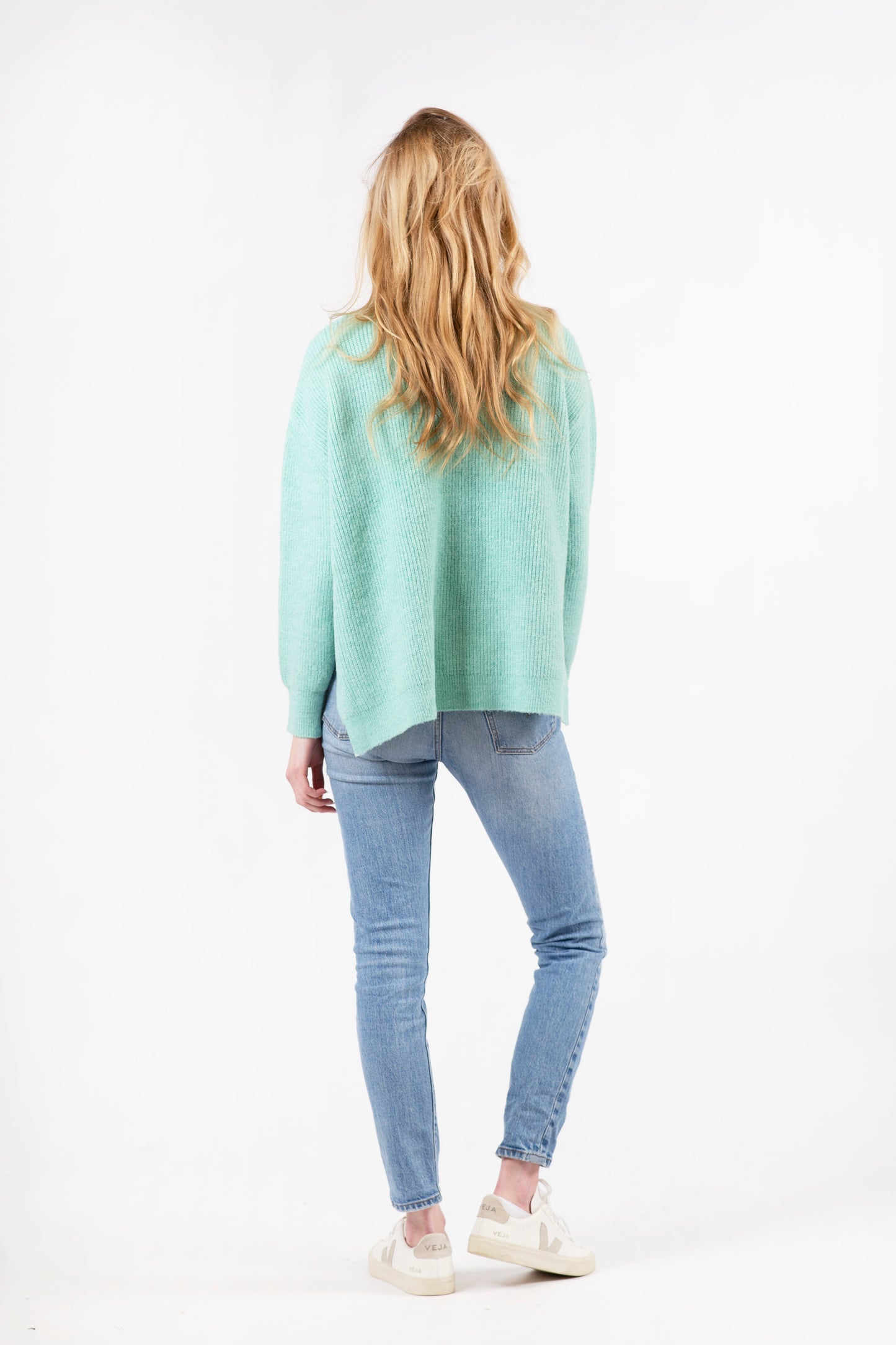 Emma Aqua Round Neck Ribbed Sweater