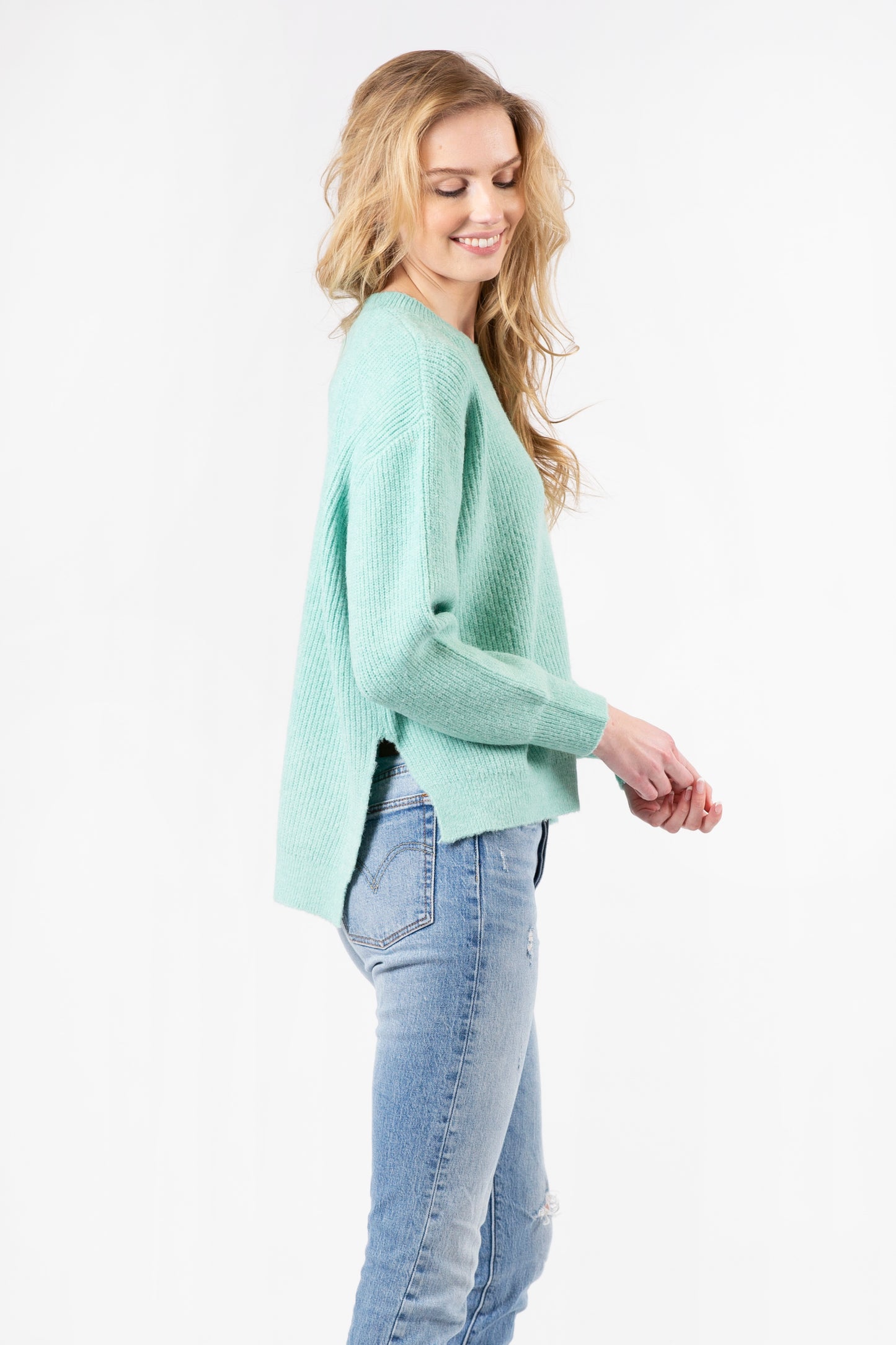 Emma Aqua Round Neck Ribbed Sweater