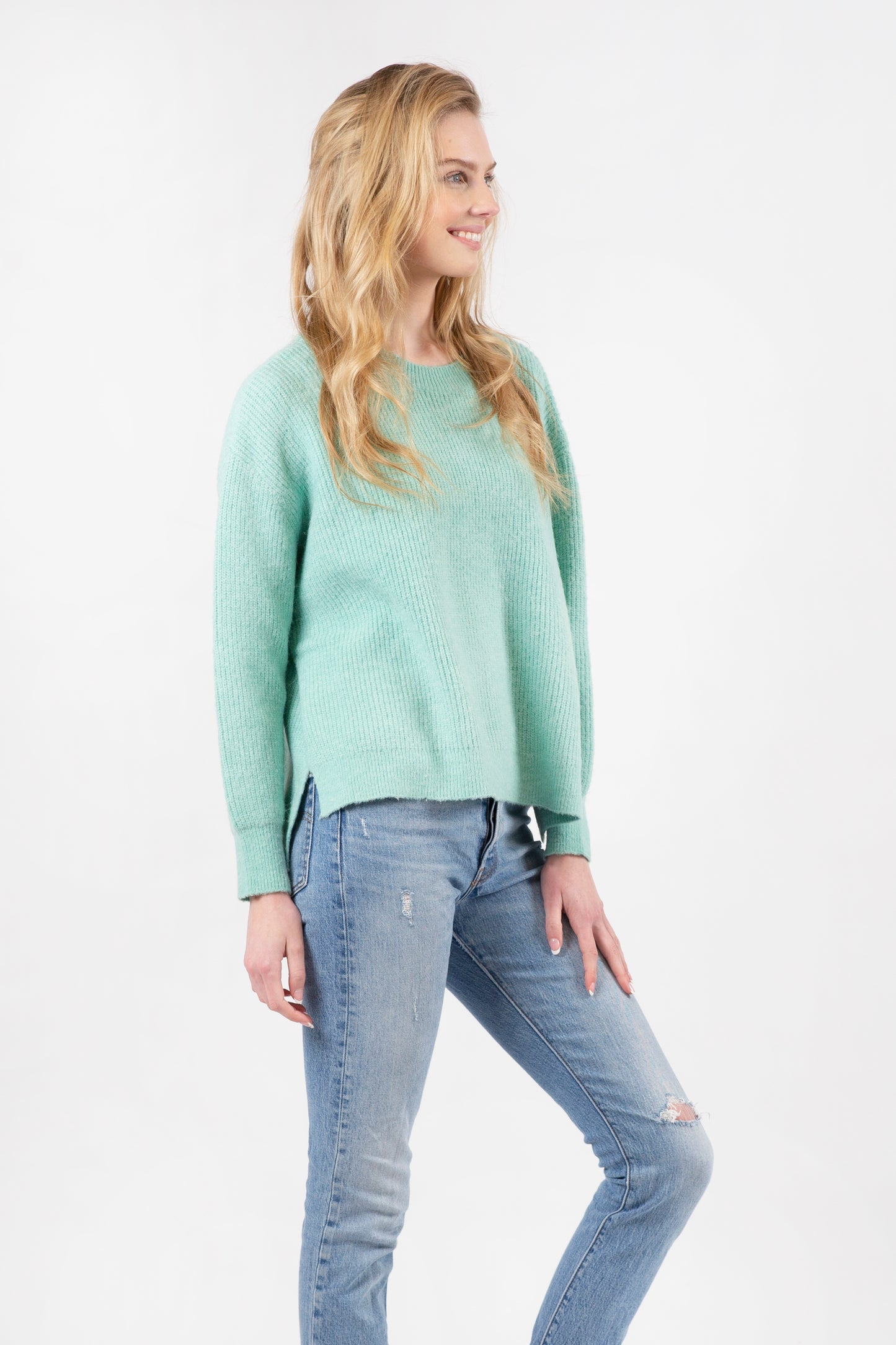 Emma Aqua Round Neck Ribbed Sweater