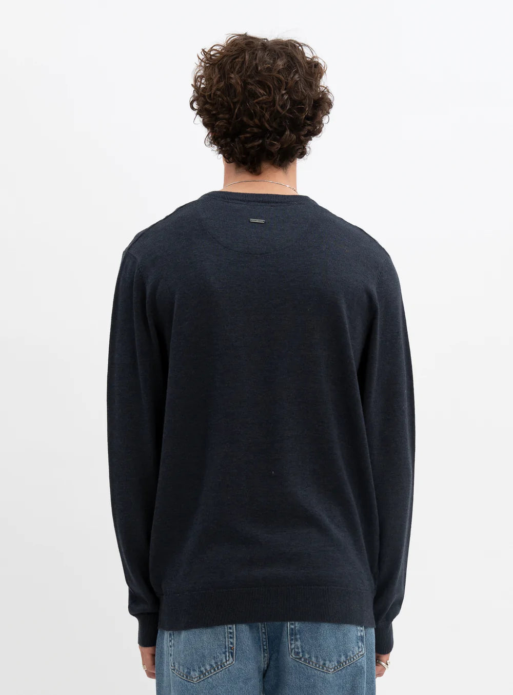 Navy Cotton V-Neck Fine Gauge Sweater